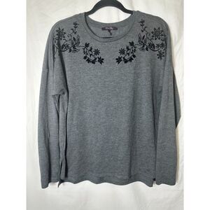 Olivia Sky Women's Gray Knit Tunic Top with Black Floral Embellishments, Size L